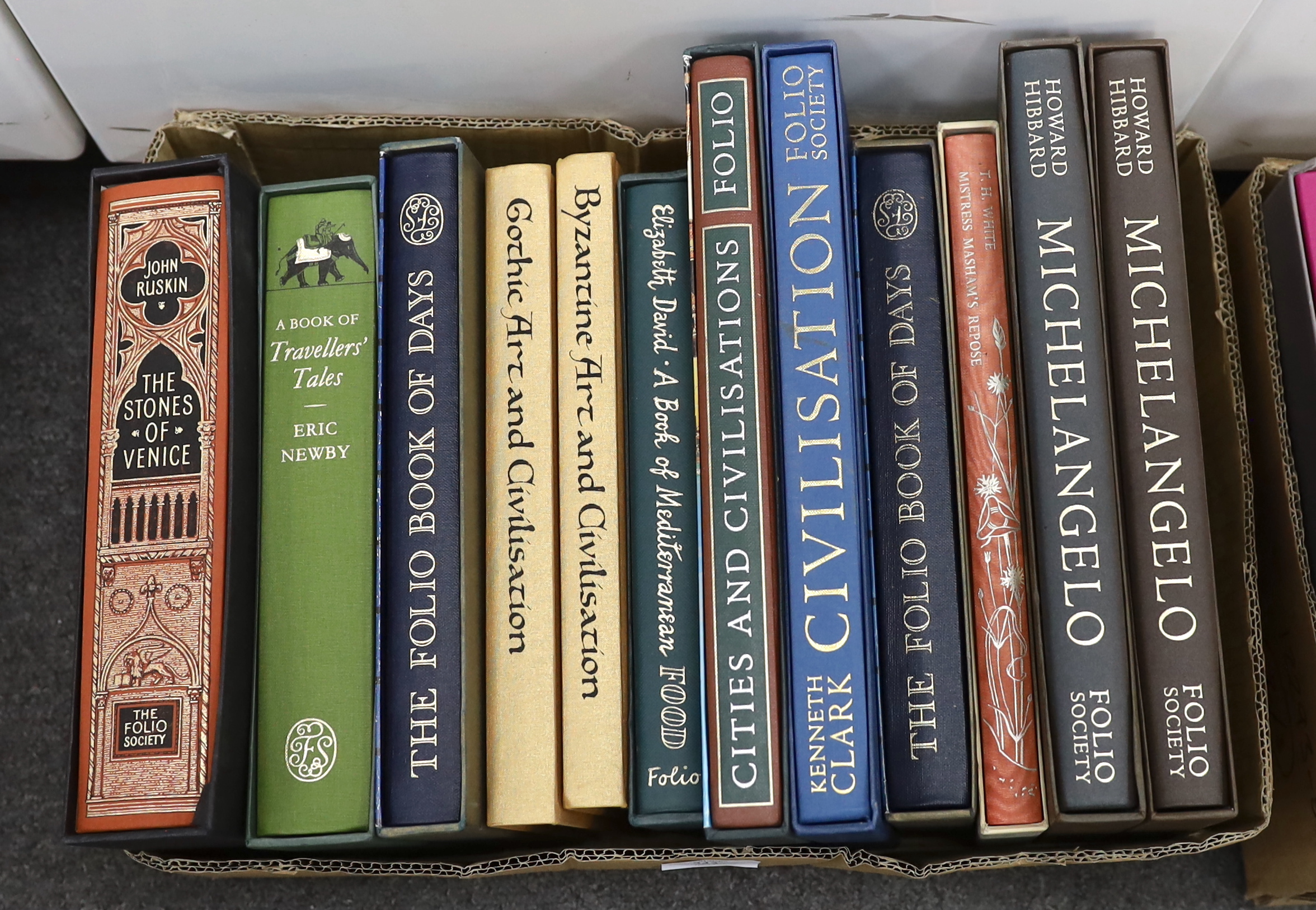 Folio Society - a Miscellany, including David's Mediterranean Food. decorations by John Minton, cloth backed patterned boards, 2005; Frith's Travels of a Victorian Photographer. num. illus., pictorial cloth, 2001; Ruskin